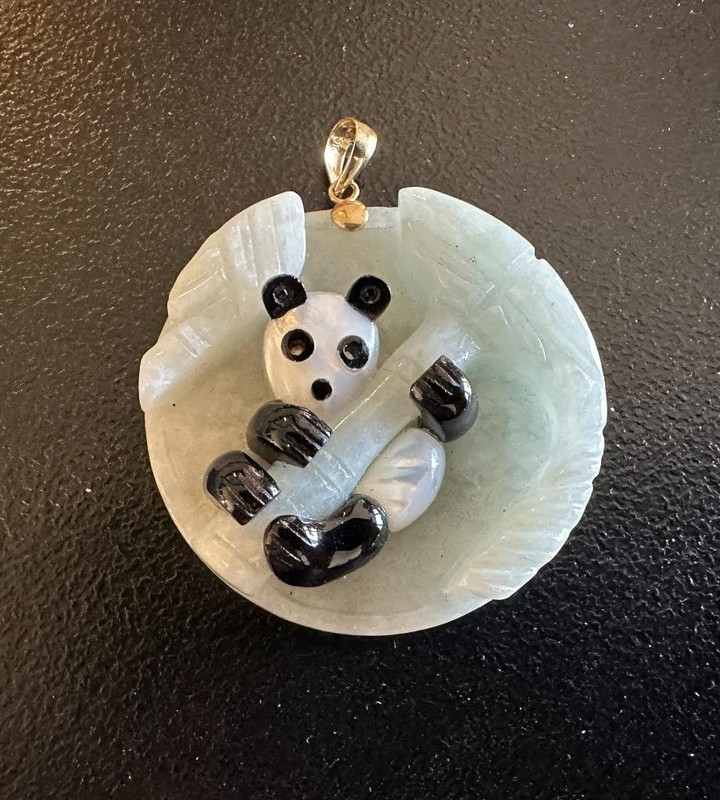 Jade Panda Bear Pendant 14K Gold Black Onyx Mother-of-Pearl Necklace