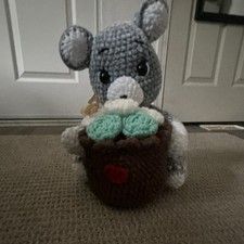 Handmade Crochet Stuffed Mouse Plush Holding Flower Pot Stuffed Animal