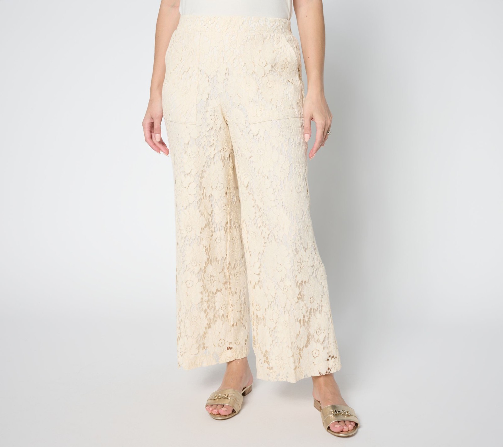 by Stacy London Women's Pants Sz L Regular Pull-On Lace Cropped White A691868