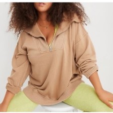 Aerie Down to Earth Quarter Zip Funnel Collar Sweatshirt Tan Small