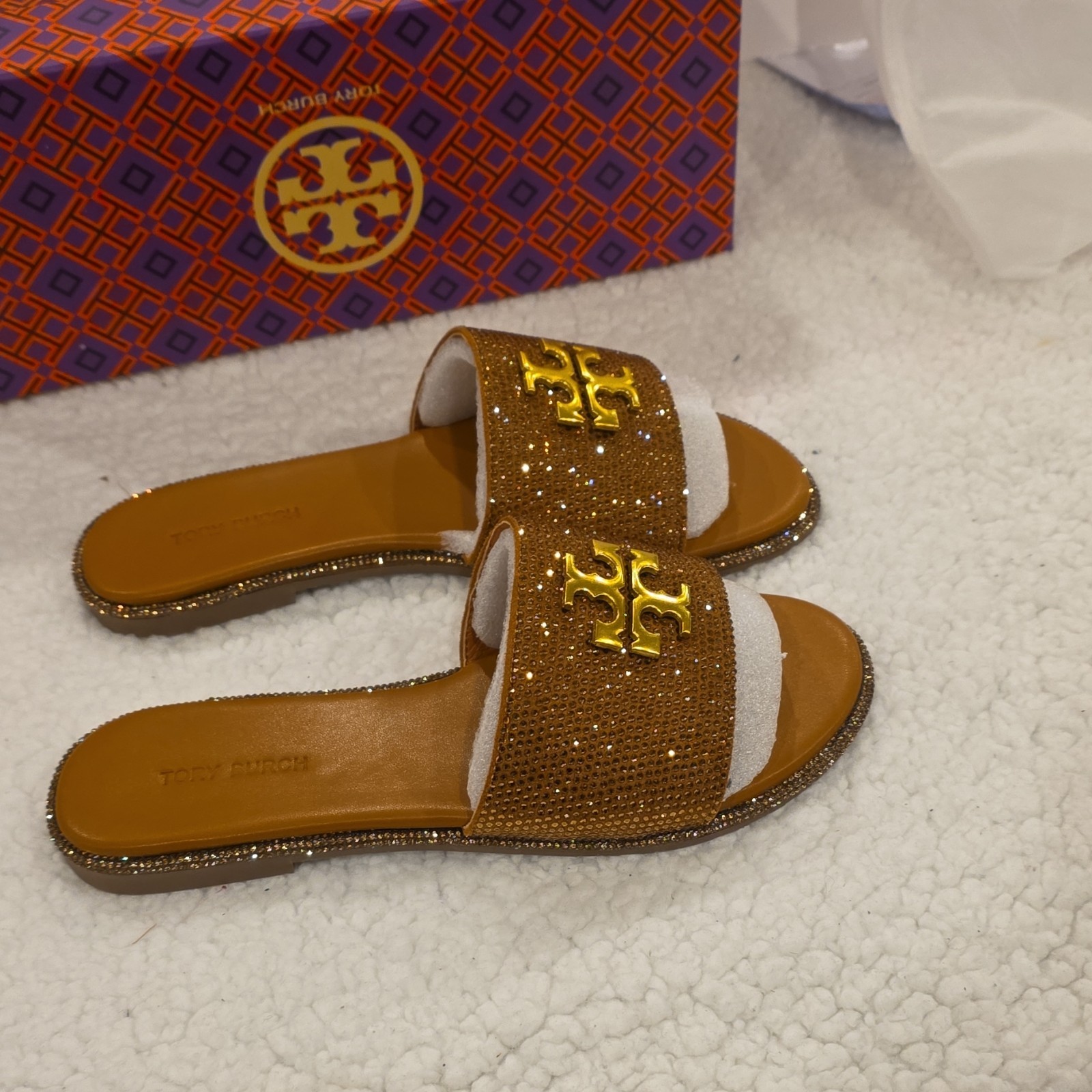Tory Burch Brown Gold Rhinestone Logo Slide Sandals Women's thumbnail 5