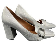 Coach Heeled Jade Loafer Silver Crackled Leather Square Toe Size 6