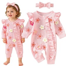 Baby Girls With Headband Bow Jumpsuit Ruffled Romper Playwear 2-Piece Casual
