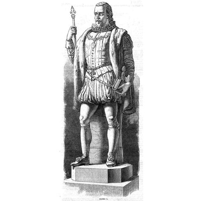 Statue von James I. im Westminster Palace - antiker Druck 1867
