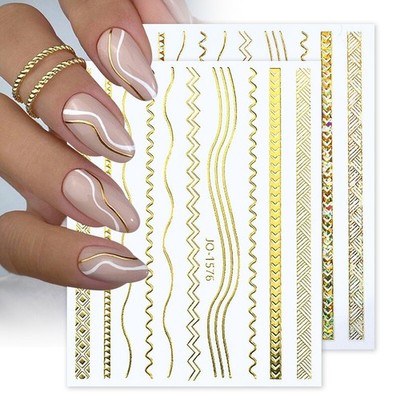 3D Nail Stickers Gold Laser Silver Leaves Wave Line Nails Decal French Manicure