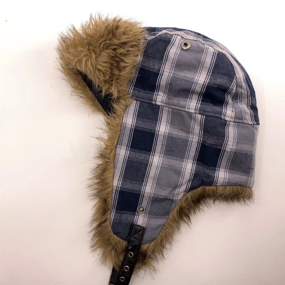 H&M size medium winter trapper cap faux fur blue gray pattern