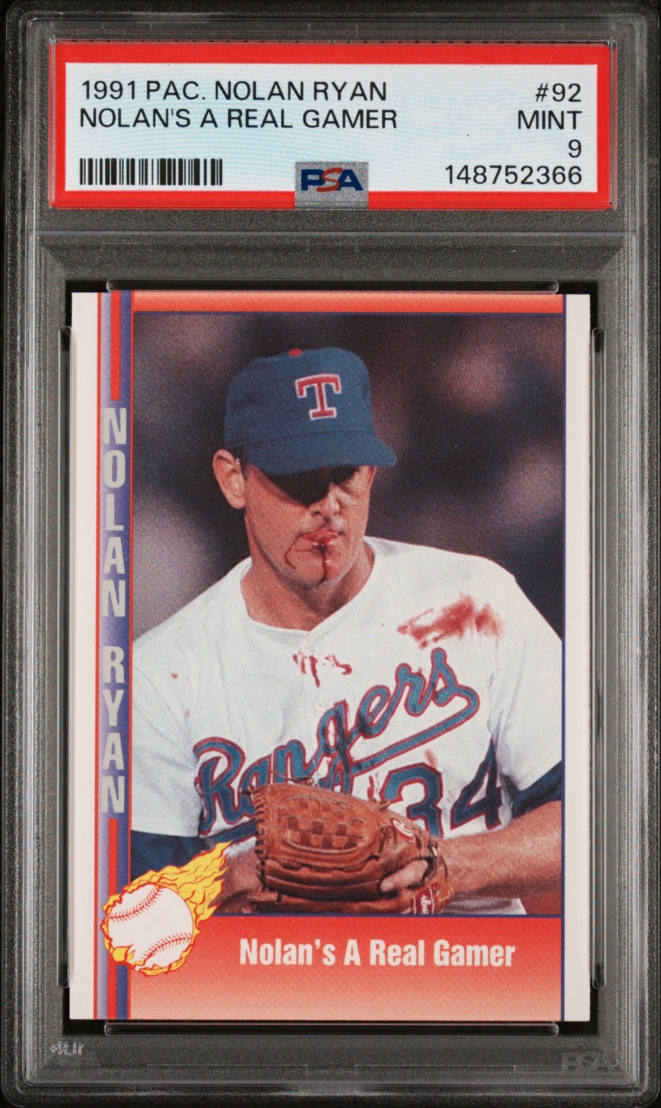 1991 Pacific NOLAN RYAN "Bloody Lip Jersey" Baseball Card #92 Graded PSA 9 MINT
