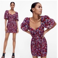 Zara Mini Dress Sz XS Floral Print Puff Sleeve Ruched Draping Mini Blogger Fave