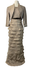 Adrianna Papell Evening Gown Tiered Maxi Bolero Beaded Jacket Gold Womens 8 NWT