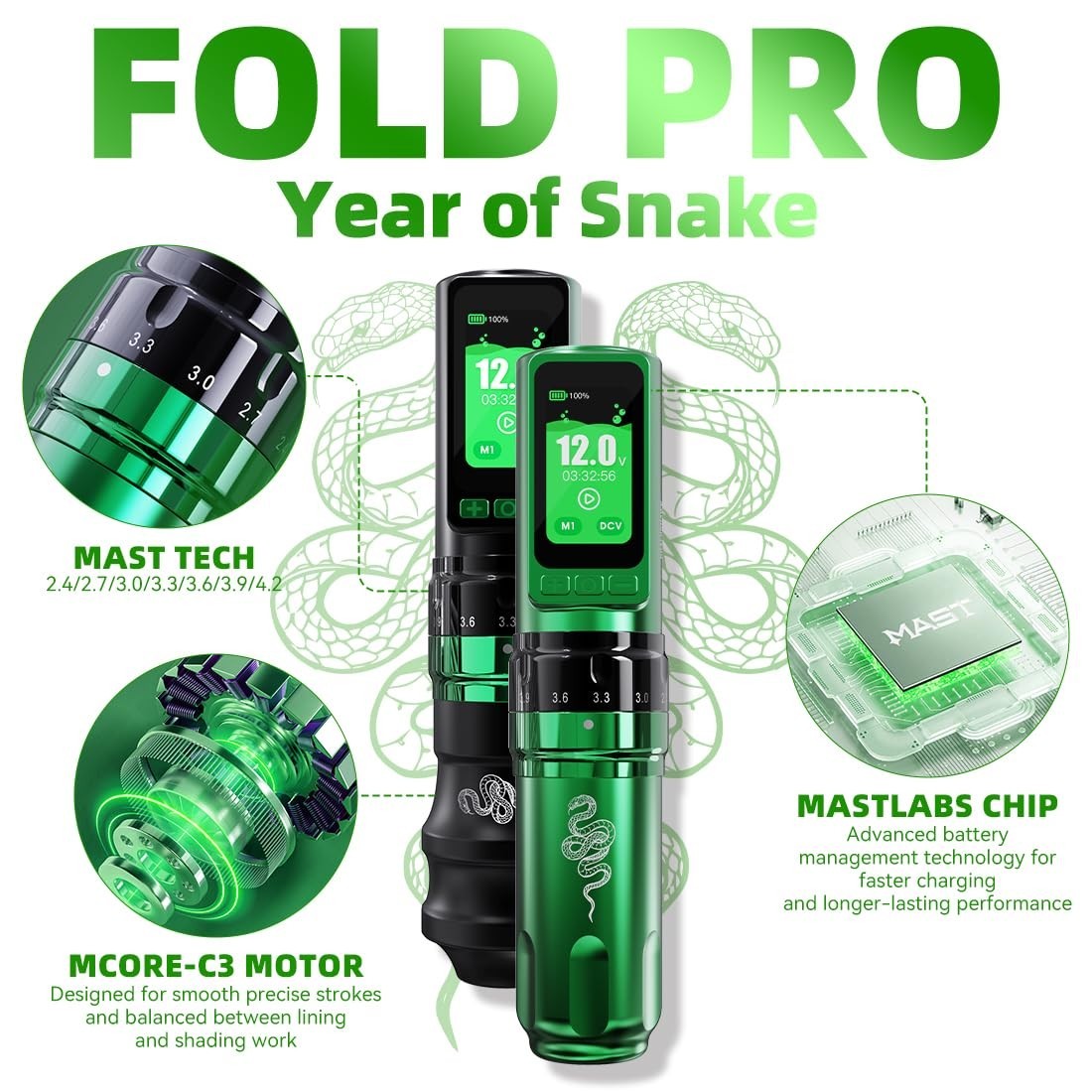 Mast Tattoo Gun Pen Machine, Fold Pro Cordless Year of Snake