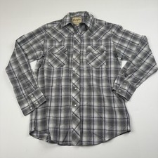 Wrangler Western Snap Shirt Mens Medium Gray Plaid Pearl Snap Long Sleeve Rodeo