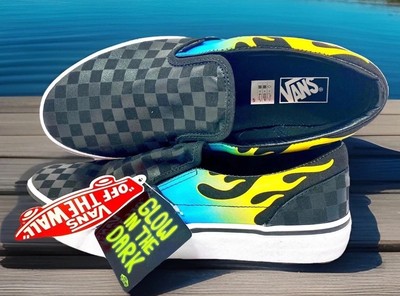 Vans Glow in the Dark Sneakers Slip On Glow Flame Black Check Boys' Size 7
