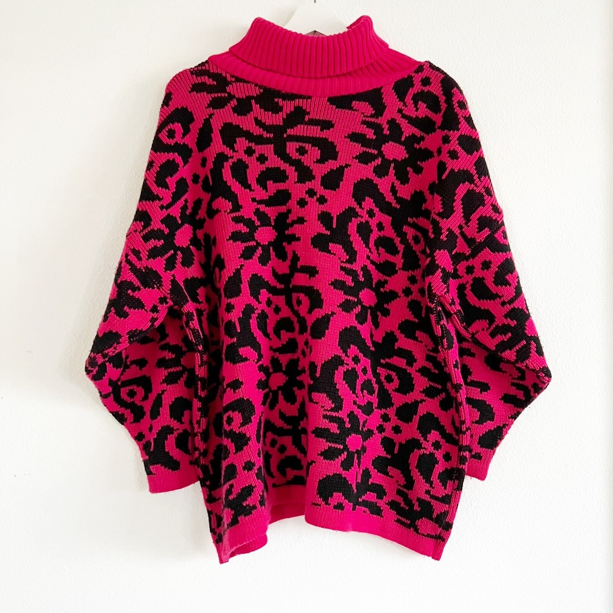 Vintage 80s Contempo Casuals Hot Pink Black Acrylic Sweater 