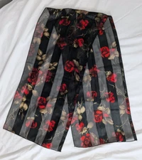 vintage 90s semi sheer stripe black rose floral neck scarf 59" x 12.75"