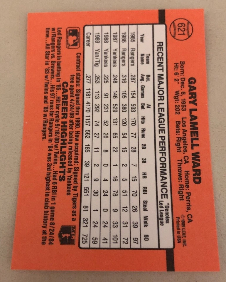 1990 Donruss Gary Ward Baseball Card #621 Tigers Outfield High Grade - Image 2 of 2