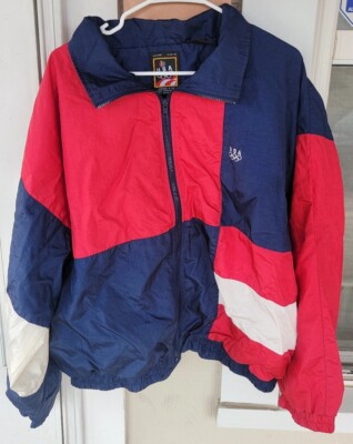 VINTAGE 90s USA OLYMPIC ZIP WINDBREAKER JACKET RED WHITE BLUE MENS Size L NICE 