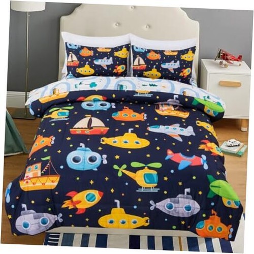 Boys Girls Size Cartoon Car Rocket Plane Ship Print Bedding Full Navy