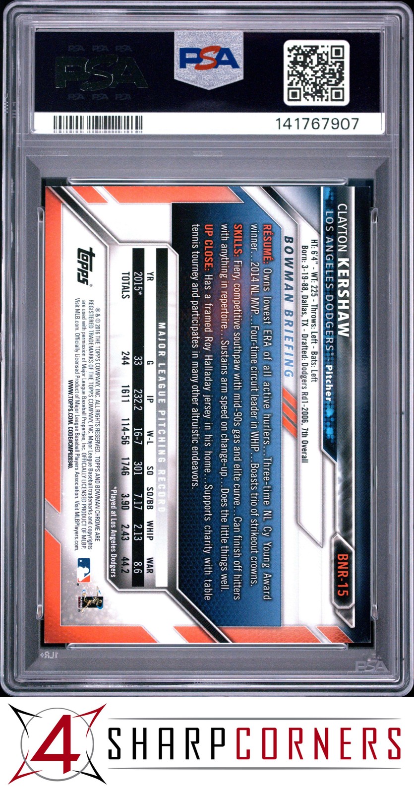 2016 BOWMAN CHROME NATIONAL REFRACTORS #BNR15 CLAYTON KERSHAW POP 3 PSA 10 view 2