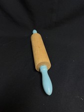 Vintage Wood 15&rdquo; Rolling Pin Duck Egg Blue Handles 1950's