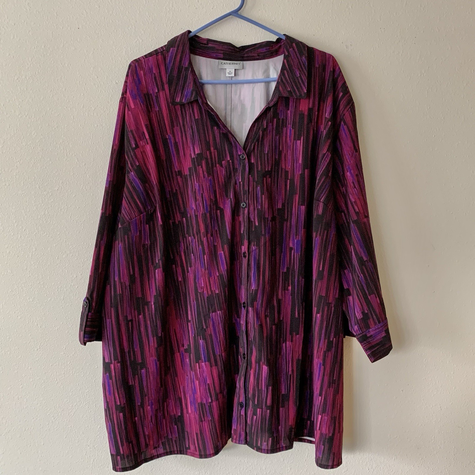 Catherine’s Women’s Button Up 3/4 Sleeve Purple Black Geometric Top 4X Blouse