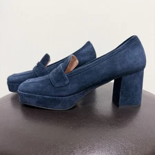 Bibi Lou Navy Blue Suede Leather Platform Block Heel Square Toe Loafers 41 US 11