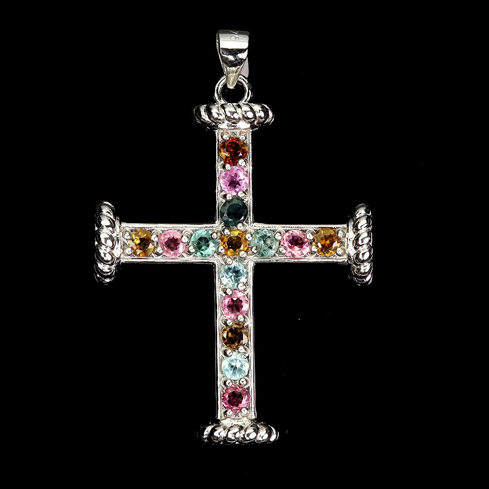 925 Sterling Silver Round Tourmaline Cross Pendant Natural Gemstone