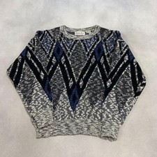 Vintage Abstract Knitted Jumper Patterned Grandad Knit Sweater Men's L