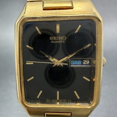 Seiko Tank Watch Men 28mm Black Dial Gold Tone Daydate 7n33-5028