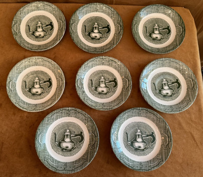 Lot 8 Royal China The Old Curiosity Shop Saucers coffee pot Green porcelain dish