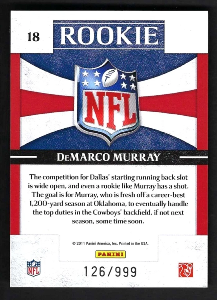 2011 Donruss Elite #18 DeMarco Murray RC #/999 MINT - Image 2 of 2