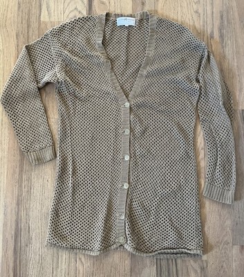 Peruvian Connection Women's Crochet Cardigan Sweater L Pima Cotton Tan Handmade