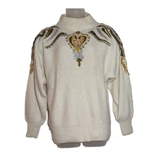 Vtg Diani Sweater Sz Small Silk Angora Wool + Ivory Embellished Mob Wife Glam