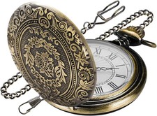 Large Decorative Flower Pattern White Roman Numeral Scale Quartz Pocket Watches