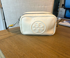 Tory Burch Small Beige Logo Double Zip Crossbody Bag Yellow Detachable Strap