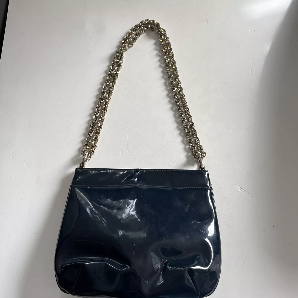 Navy patent top leather purse