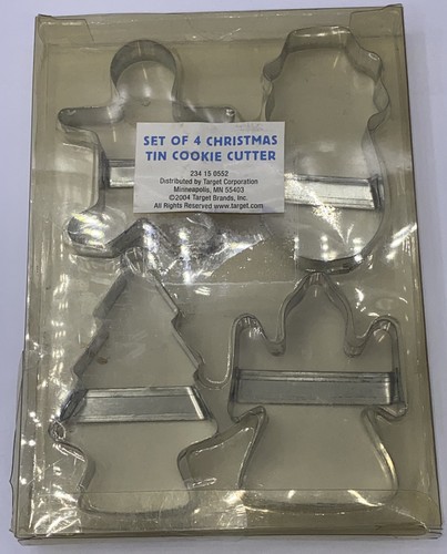 Christmas Tin Cookie Cutters NOS 2004 set (4) Snowman/Angel/Tree/Gingerbread Man - Afbeelding 1 van 6
