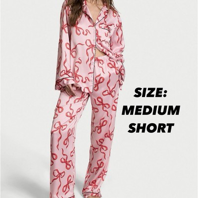 VS GLAZED SATIN LONG PAJAMA SET CHALK ROSE RED BOWS MEDIUM SHORT LENGTH