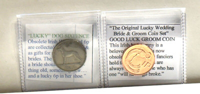 Lucky Wedding Coin Set Real Irish Sixpence Bride +Harp Ireland Penny Groom Cent