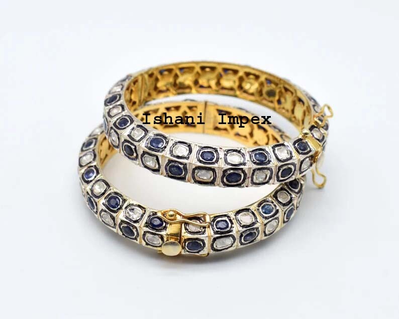 Bangle  Jewelry Natural Uncut Diamond Polki Sapphire 925 Sterling Silver Bangle-image