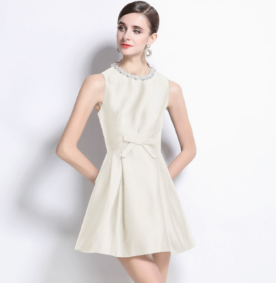 Women's Fashion Round Neck Beaded Diamante Bowtie Flared Short Party Dress  NWON | eBay