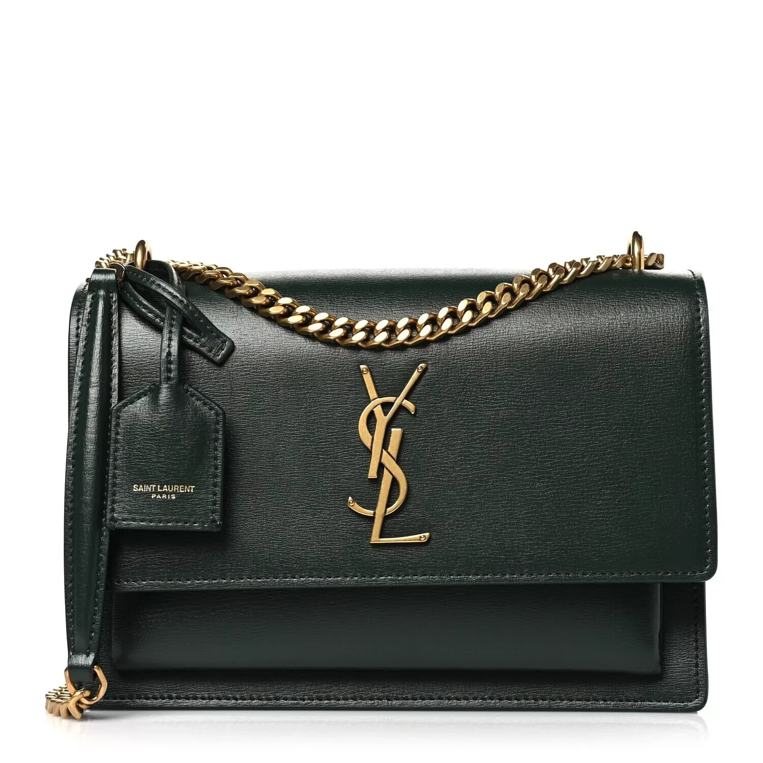Saint Laurent Borsa Tramonto Monogramma Medio in Pelle di Vitello in Vert Fonce Nuova