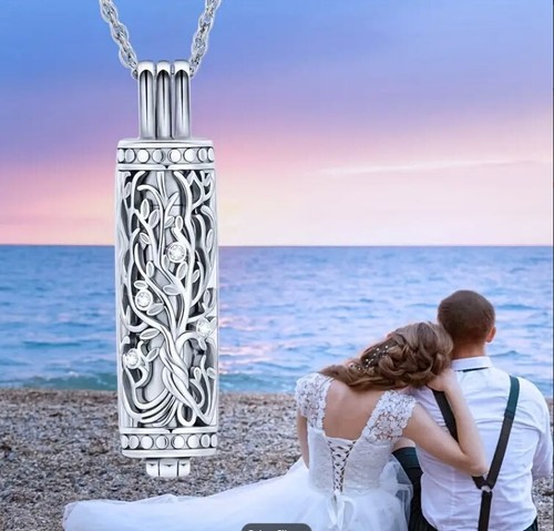 Tree of Life Cylinder Urn Pendant Necklace for Cremation Ashes Stainless Jewelry - Picture 2 of 17