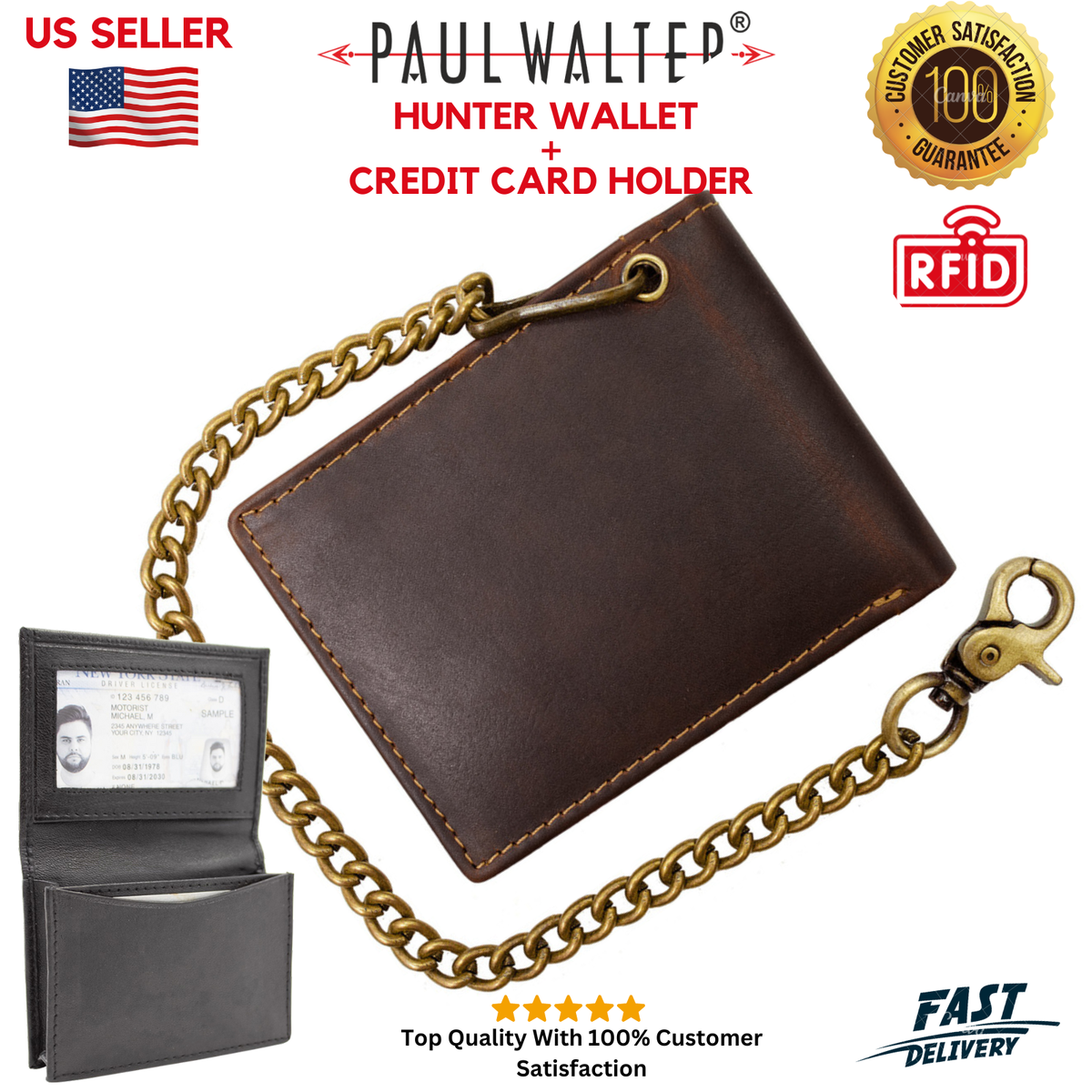 Men's Hunter Leather Biker Chain Bifold Wallet, RFID Secure & FREE