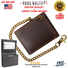 Men's Hunter Leather Biker Wallet RFID Blocking Chain Wallet  Card Holder