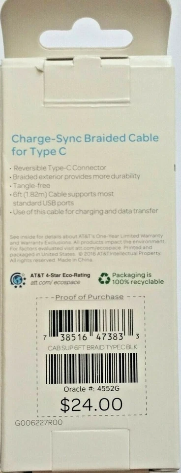 Cable USB tipo C trenzado de 6 pies AT&T para Samsung Galaxy S9 Foto 3 de 4