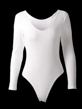 Long Sleeve Bodysuit V Neck Sexy Bodysuit Plain Leotard Stretch Jumpsuit Size L