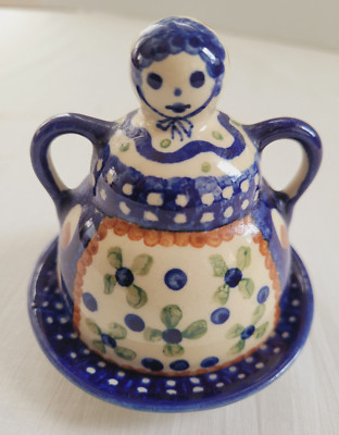 Mini 4'' Boleslawiec Pottery Cheese Butter Keeper Woman Figure Early Vintage