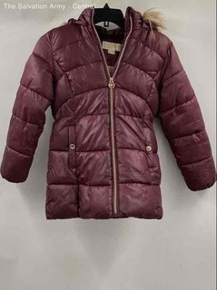 Michael Kors Girls Burgundy Fur Trim Hooded Full Zip Puffer Coat Size 10/12