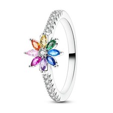 Rainbow Zircon Flower Ring 925 Silver Colorful AAA CZ Birthday Anniversary Gift