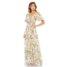 Mac Duggal Floral Print Faux Wrap Flutter Sleeve A-Line Gown Multicolor 6 NWT